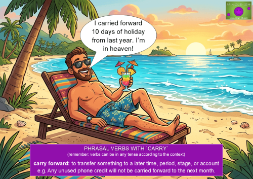 Cartoon illustration demonstrating the phrasal verb 'carry forward' with a man relaxing on a tropical beach sun lounger holding a cocktail.