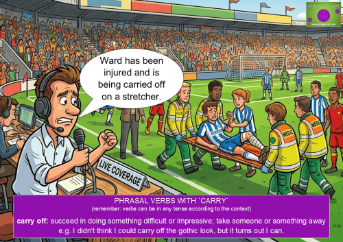 Cartoon illustration demonstrating the phrasal verb "carry off" with a football player being carried off the field on a stretcher while a commentator speaks.