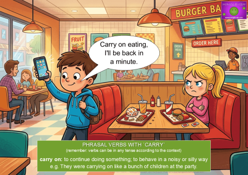 Cartoon illustrating the phrasal verb carry on with a boy walking away from a fast food table holding a smartphone.