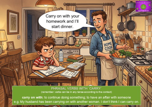 Cartoon illustration demonstrating the phrasal verb "carry on with" showing a father preparing dinner while encouraging his frustrated son doing homework.