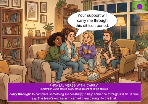 Example illustration of the phrasal verb "carry through" in use during a conversation among friends.