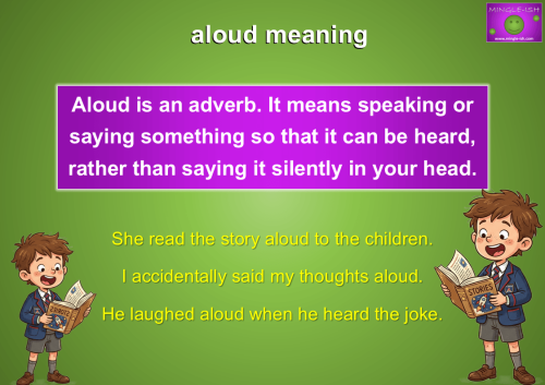 Cartoon illustration explaining the meaning of the adverb aloud with definition and example sentences