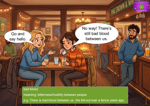 Illustration explaining the idiom 'bad blood' showing two women sitting in a pub talking about a man standing near the bar.