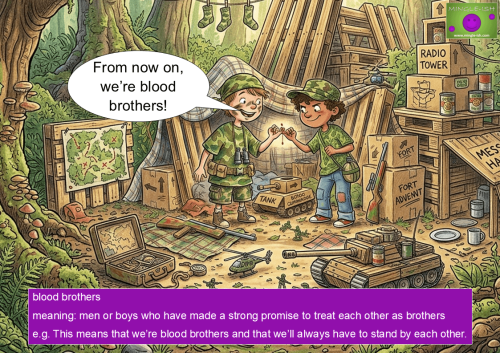 An illustrated image of two young boys in camouflage clothing making a blood brother pact, accompanied by an explanation of the blood brothers idiom.