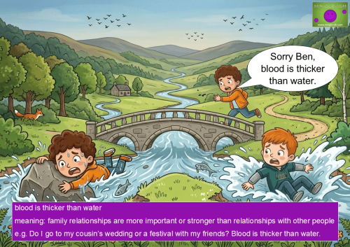 An illustration showing a boy running on a bridge shouting "Sorry Ben, blood is thicker than water" as two other boys, one struggling in water and one with red hair, flail in the river below, against a lush valley background.