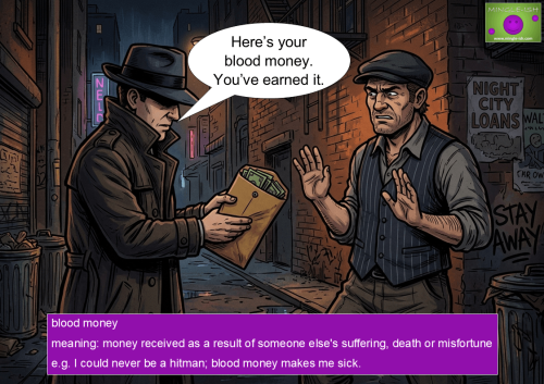 A man in a trench coat and fedora in a dark alley holds a brown envelope filled with US dollar bills towards a man in a flat cap and vest who holds up his hands defensively.
