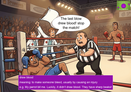 Cartoon illustration demonstrating the idiom 'draw blood' during a boxing match.