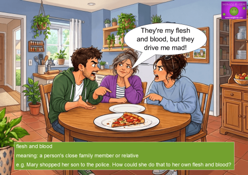 Cartoon illustration of a mother sitting between two arguing adult siblings in a kitchen with a speech bubble that says, "They're my flesh and blood, but they drive me mad!" and a green text box below explaining the idiom's meaning as a person's close family member or relative.