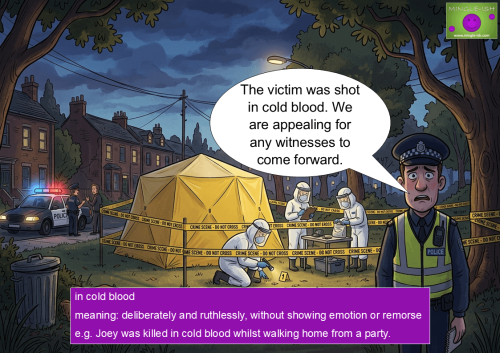 Cartoon police officer explains the meaning of 'in cold blood' at a crime scene illustration.