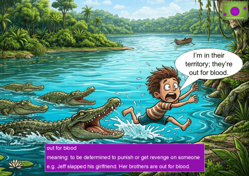Illustration explaining the idiom 'out for blood', showing a scared boy fleeing crocodiles in a jungle river.