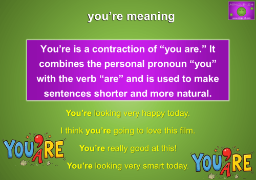 Grammar graphic explaining the meaning and usage of the contraction "you're" with example sentences.
