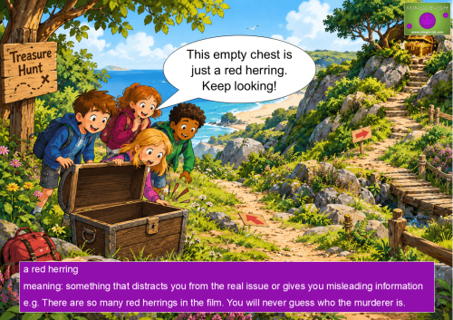 Children discover an empty treasure chest during a treasure hunt, illustrating the red herring idiom
