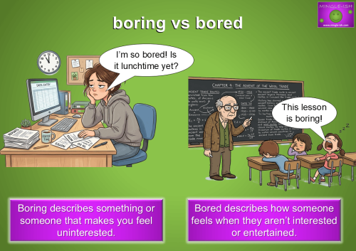 Boring vs bored: learn the difference between two confusing English adjectives, with cartoon examples.