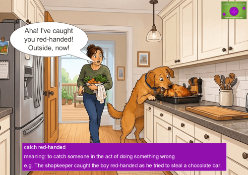Dog caught stealing a roast chicken from the kitchen worktop, illustrating the red-handed idiom
