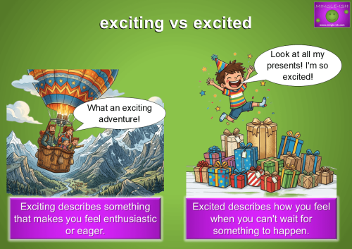 Exciting vs excited: confusing adjectives explained with a hot-air balloon adventure and a child discovering birthday presents.