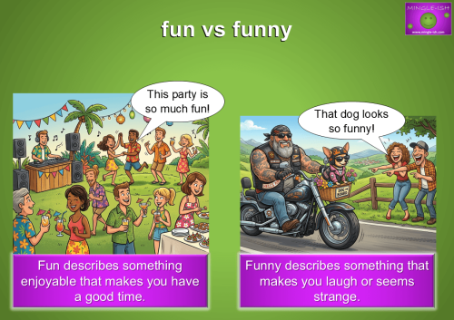 Fun vs funny: confusing adjectives illustrated by a lively garden party and a funny-looking Chihuahua wearing sunglasses and a hat in a Harley-Davidson motorcycle basket.