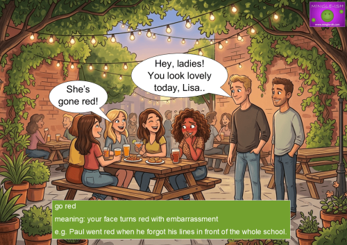 Woman going red with embarrassment after receiving a compliment from a friend