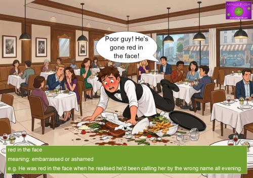 Waiter red in the face after spilling food across a restaurant floor