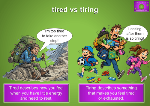 Tired vs tiring: cartoon illustrations of an exhausted father chasing energetic children and a tired hiker after a long walk.